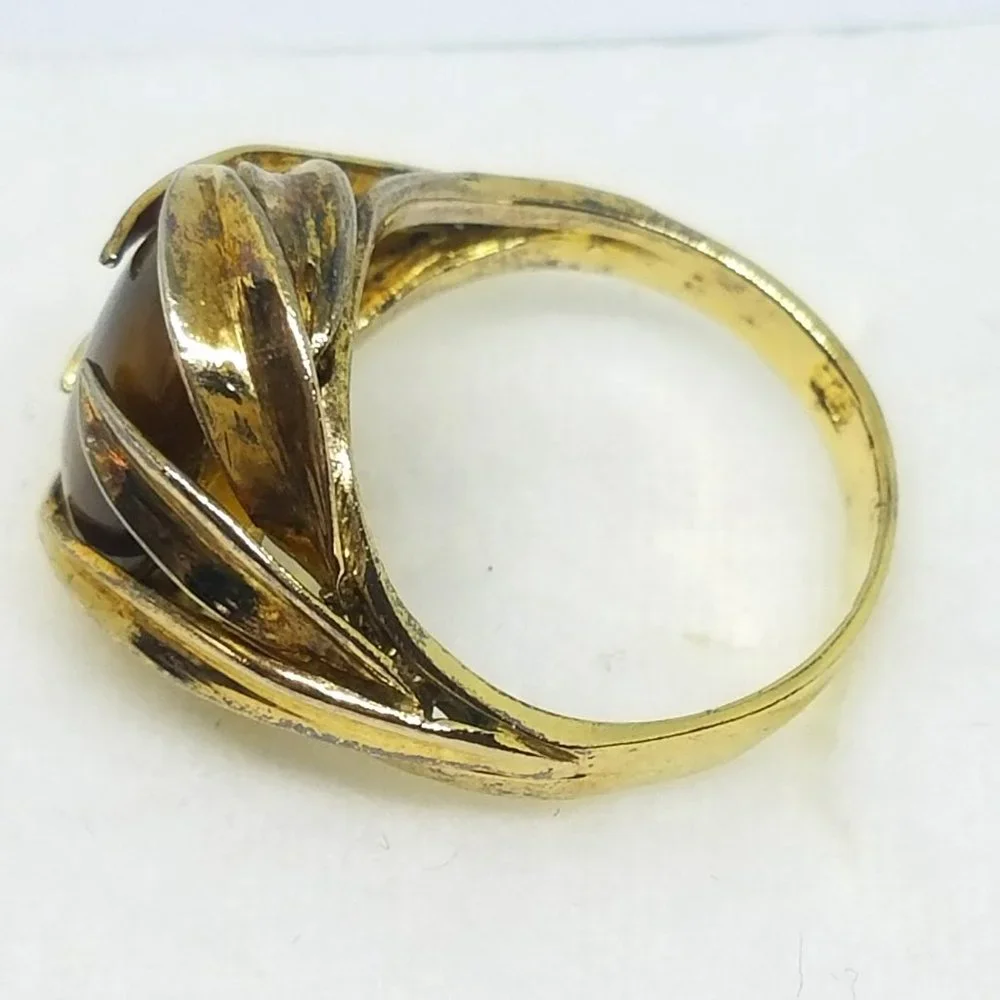 Vintage Oval Tiger Eye Stone Ring set in 925 Gold Plated Sterling Silver Ring
